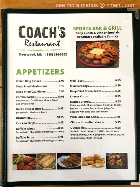 coaches corner menu with prices.